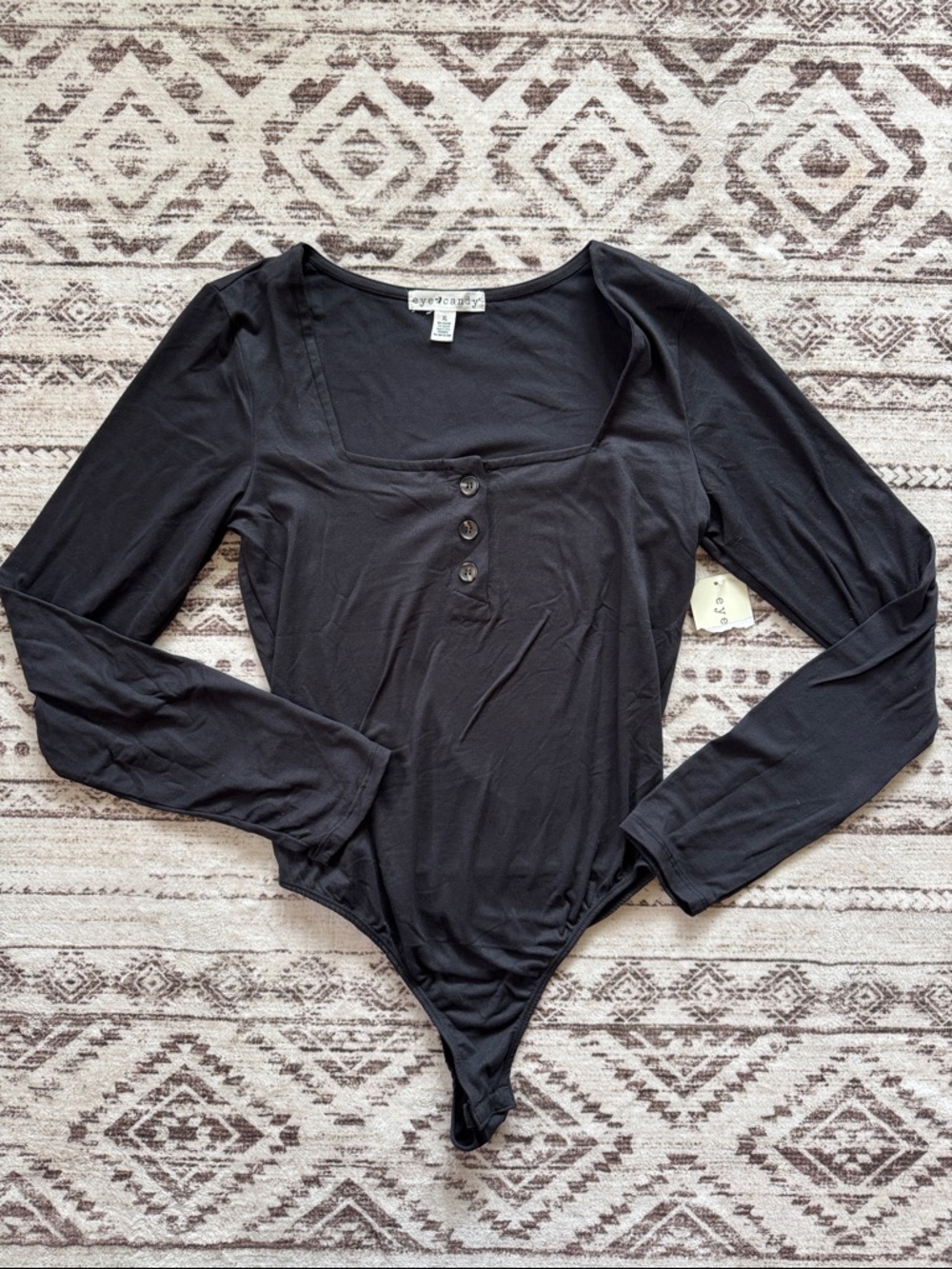 Black Long-Sleeve Square-Neck Button-Front Bodysuit